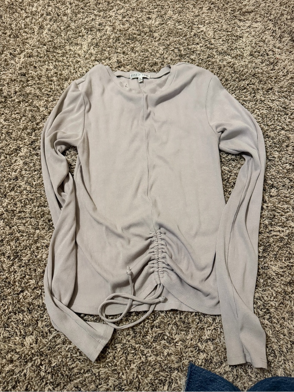 Ruched Front Long Sleeve Ribbed Top - Light Taupe